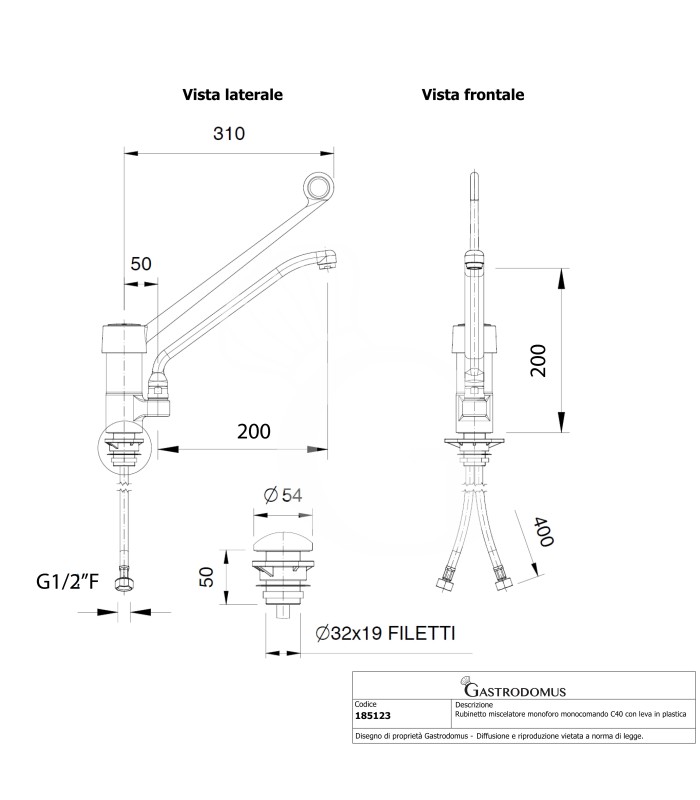 Rubinetto miscelatore monoforo monocomando C40 con leva in plastica nera - L 200 mm