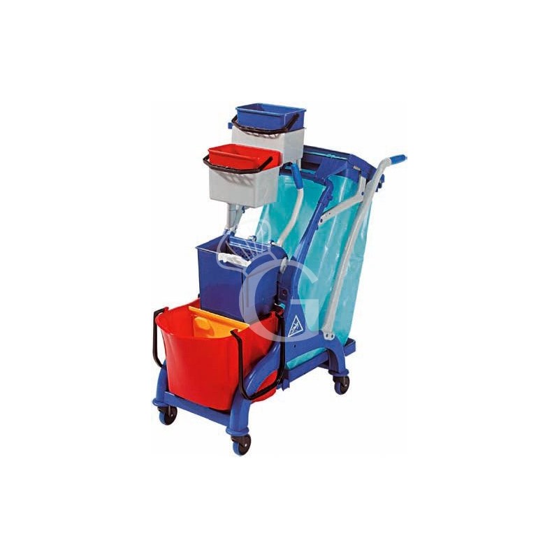 Carrello in plastica su ruote con secchio divisorio strizzatore portasecchio e ganci L 1070 mm x P 560 mm x H 1110 mm Carrello in plastica su ruote con secchio divisorio strizzatore portasecchio e ganci L 1070 mm x P 560 mm x H 1110 mm