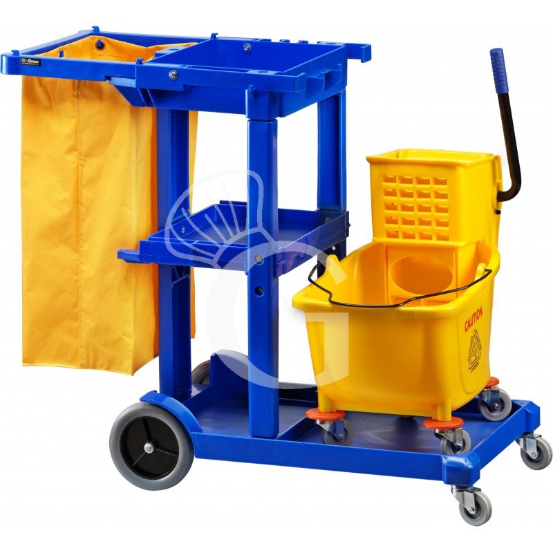Carrello in plastica su ruote strizzatore divisorio portasacco e attacca utensili L 1140 mm x P 510 mm x H 980 mm Carrello in plastica su ruote strizzatore divisorio portasacco e attacca utensili L 1140 mm x P 510 mm x H 980 mm