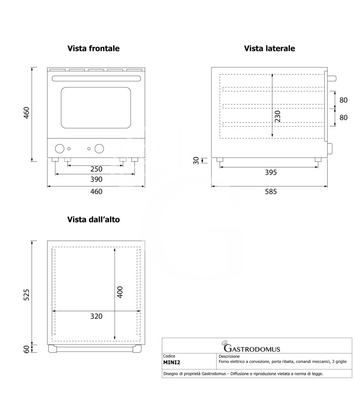 Forno elettrico a convezione, porta ribalta, comandi meccanici, 3 griglie, potenza 2,6 kw