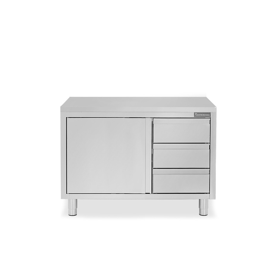 Tavolo armadiato, 1 porta battente, 3 cassetti sul lato destro, L 1200 mm x P 600 mm x H 850 mm