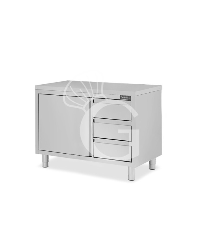 Tavolo armadiato, 1 porta battente, 3 cassetti sul lato destro, L 1200 mm x P 700 mm x H 850 mm