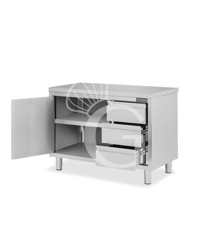 Tavolo armadiato, 1 porta battente, 3 cassetti sul lato destro, L 1200 mm x P 700 mm x H 850 mm