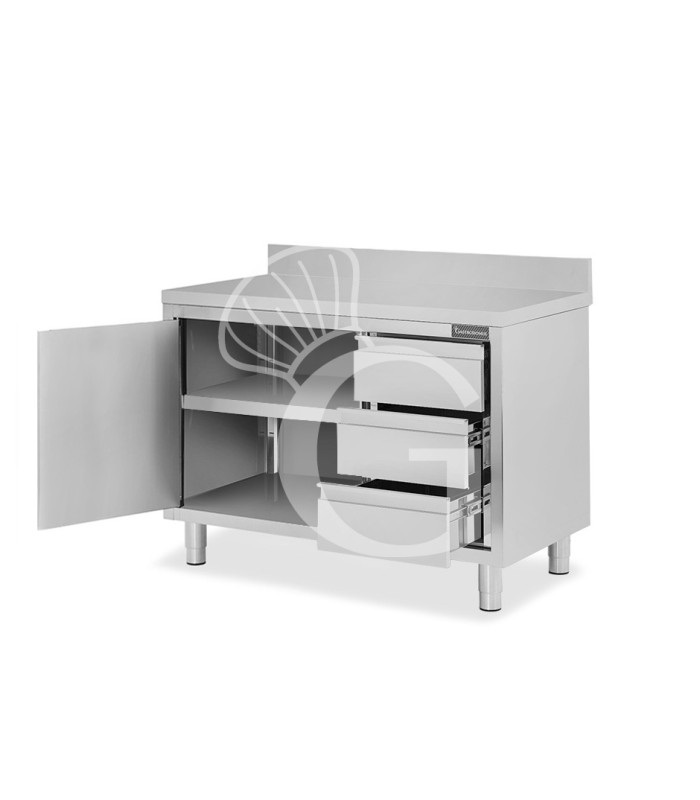 Tavolo armadiato,1 porta battente,3 cassetti a destra, alzatina, L1200 x P800 x H950mm