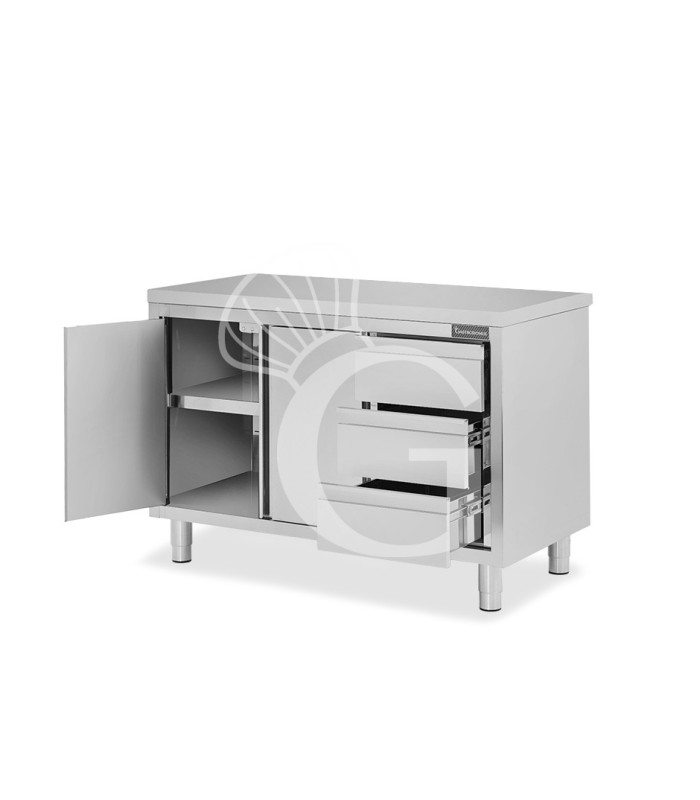 Tavolo armadiato, 2 porte battenti, 3 cassetti sul lato destro, L 1400 mm x P 600 mm x H 850 mm