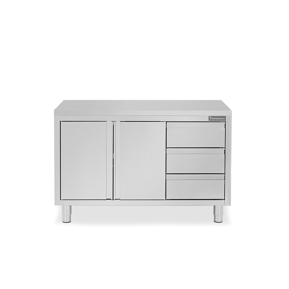 Tavolo armadiato, 2 porte battenti, 3 cassetti sul lato destro, L 1400 mm x P 800 mm x H 850 mm