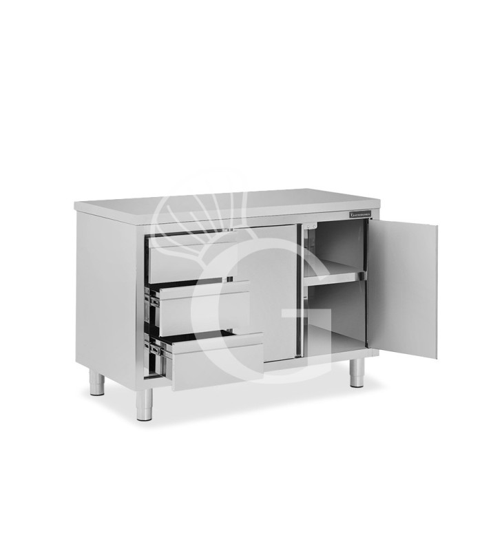 Tavolo armadiato, 2 porte battenti, 3 cassetti sul lato sinistro, L 1400 mm x P 600 mm x H 850 mm