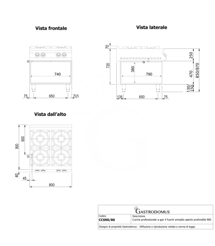 Cucina professionale a gas 4 fuochi armadio aperto profondità 900 mm