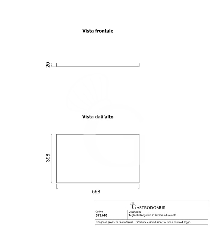 Teglia Rettangolare in lamiera alluminata L 598 x P 398 x H 20 mm, ideale per cottura, lievitazione, surgelazione