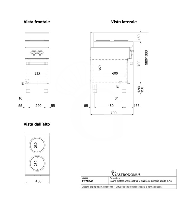 Cucina professionale elettrica 2 piastre su armadio aperto profondità 700 mm