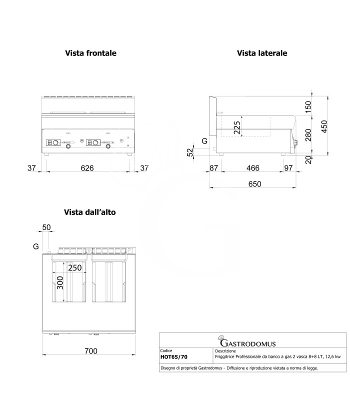 Friggitrice Professionale da banco a gas 2 vasca 8+8 LT, 12,6 kw
