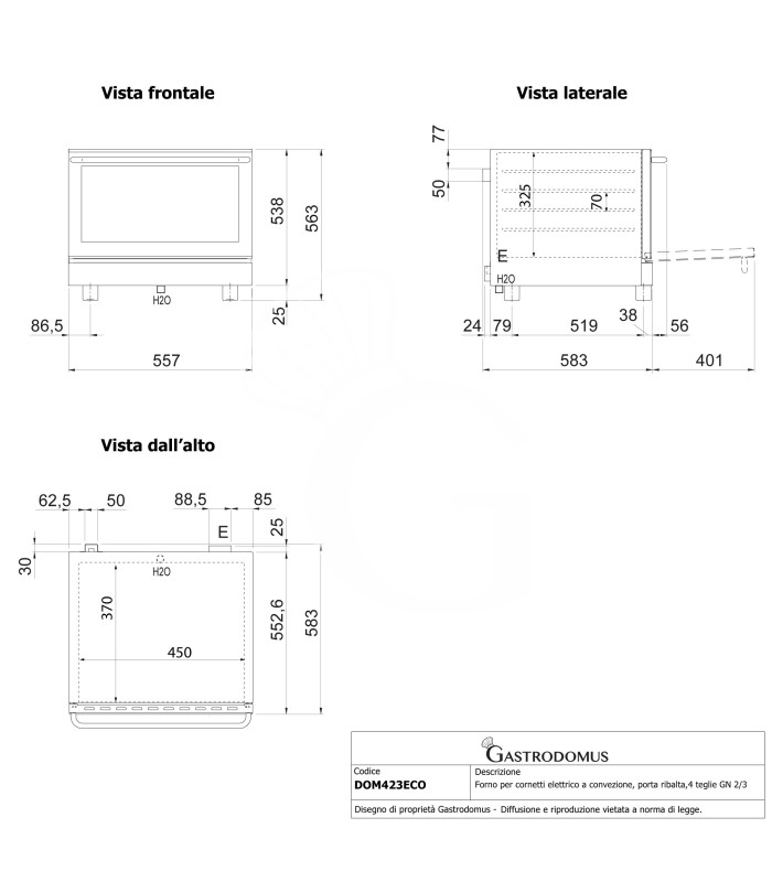 Forno per cornetti elettrico a convezione, porta ribalta, comandi meccanici, 4 teglie GN 2/3, potenza 2,8 kw
