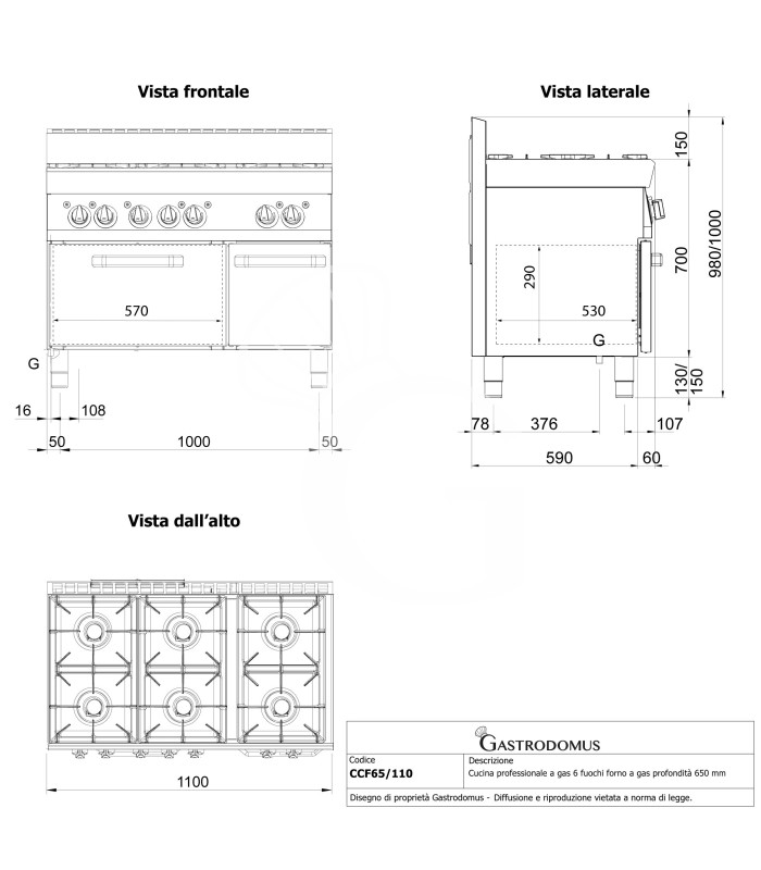Cucina professionale a gas 6 fuochi forno a gas armadio neutro profondità 650 mm