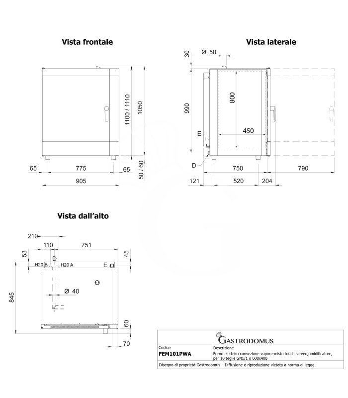 Forno elettrico convezione-vapore-misto touch screen,umidificatore,per 10 teglie GN1/1 o 600x400 mm con lavaggio automatico