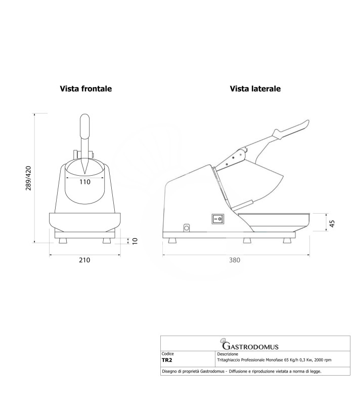 Tritaghiaccio Professionale Monofase 65 Kg/h 0,3 Kw, 2000 rpm