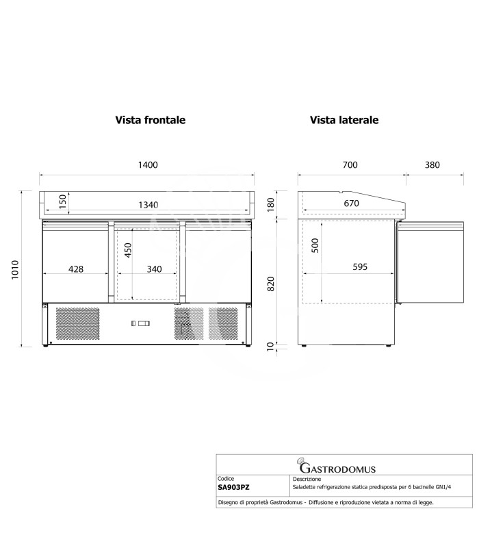 Saladette refrigerazione statica predisposta per 6 bacinelle GN1/4 con 3 porte