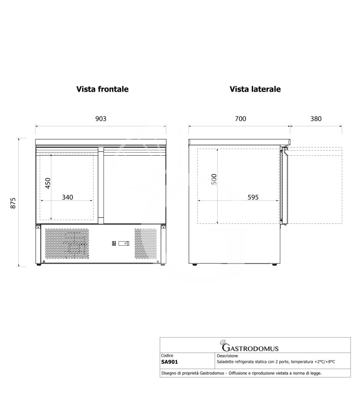 Saladette refrigerata statica con 2 porte, temperatura +2°C/+8°C, piano in acciaio inox