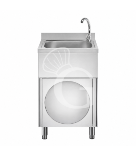 Lavamani per cucina in acciaio inox su mobile con porta battente e miscelatore per acqua calda e fredda