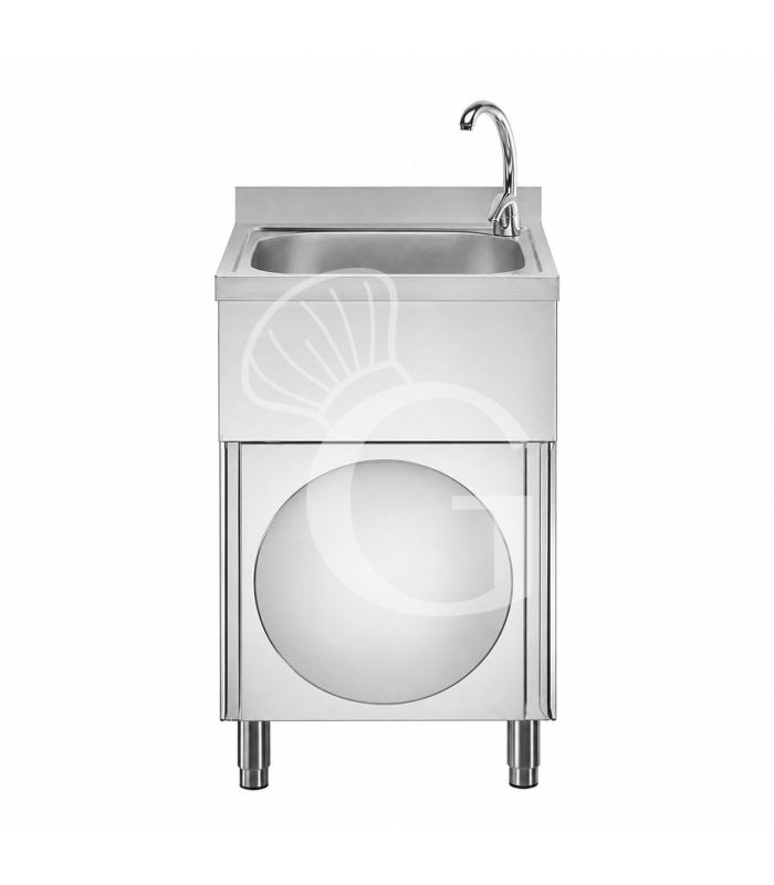 Lavamani per cucina in acciaio inox su mobile con porta battente e miscelatore per acqua calda e fredda