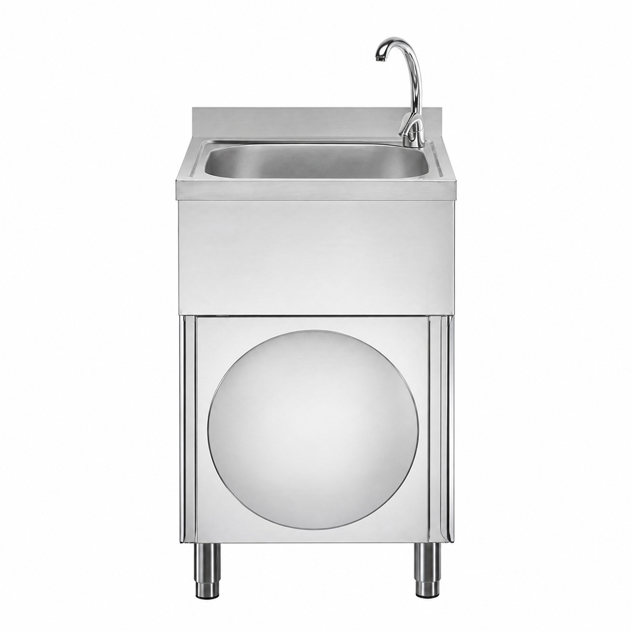 Lavamani per cucina in acciaio inox su mobile con porta battente e miscelatore per acqua calda e fredda