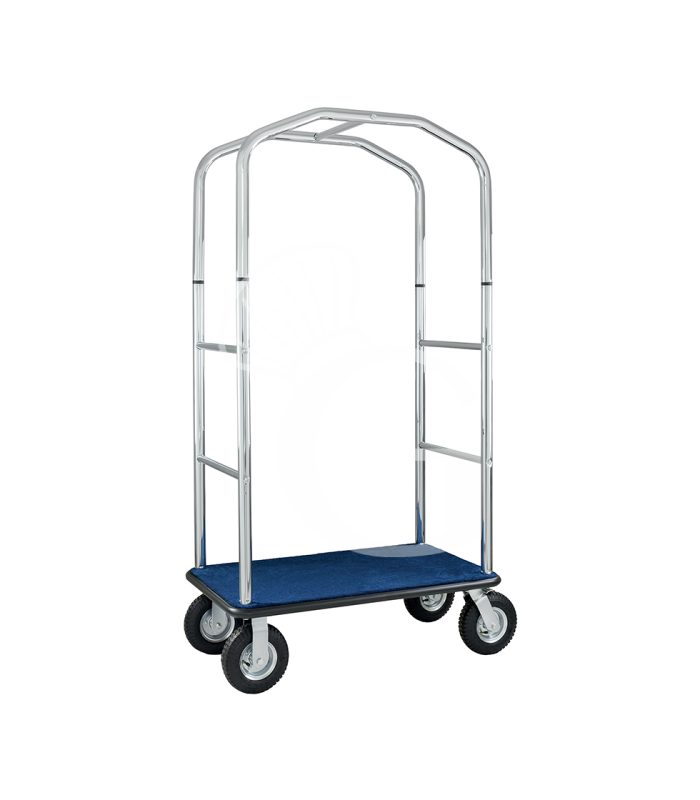 Carrello portavaligie in acciaio cromato e base in legno con moquette blu