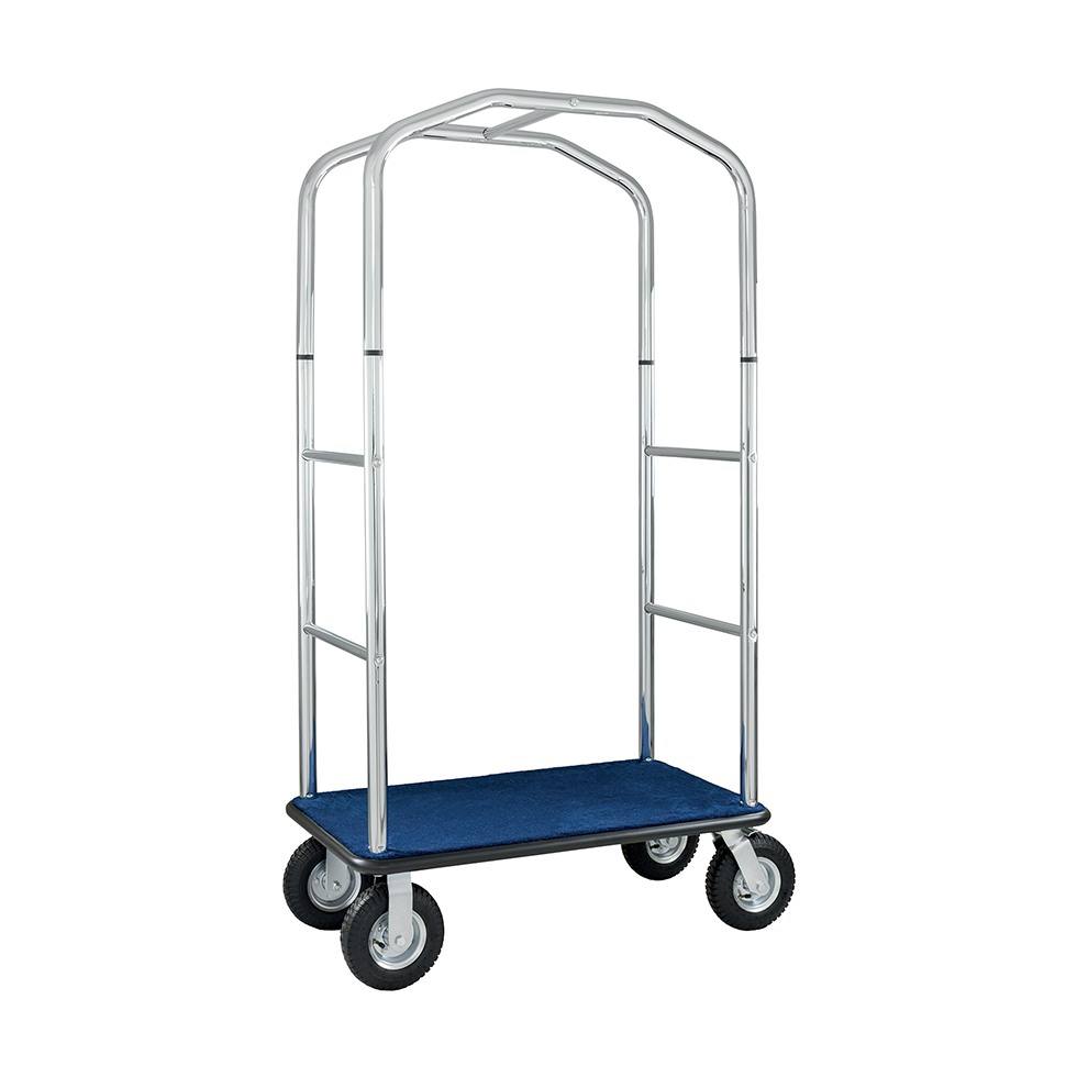 Carrello portavaligie in acciaio cromato e base in legno con moquette blu