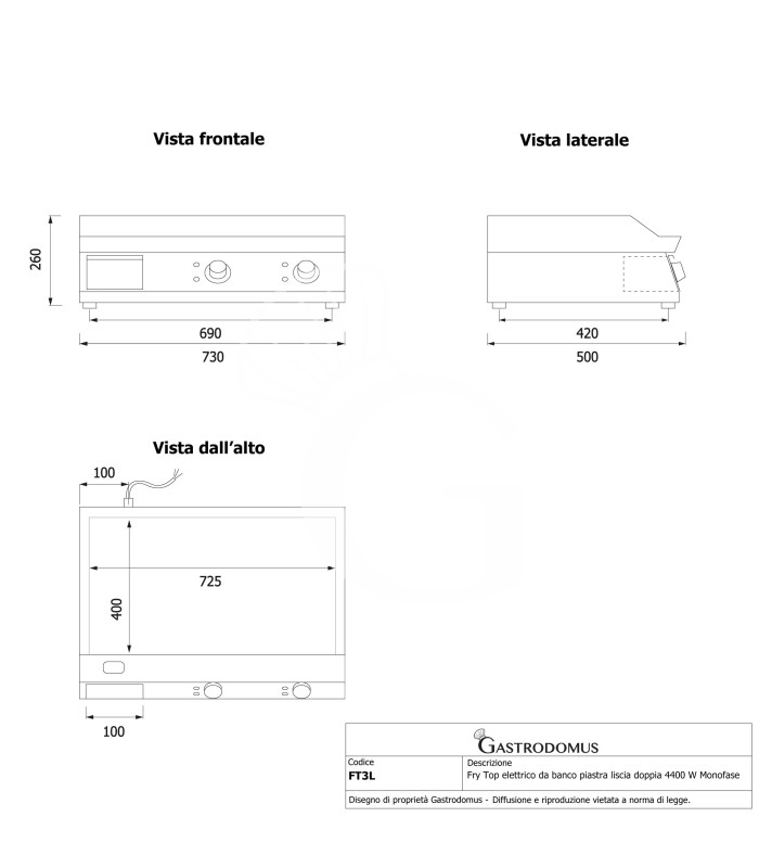 Fry Top elettrico da banco piastra liscia doppia 4400 W Monofase