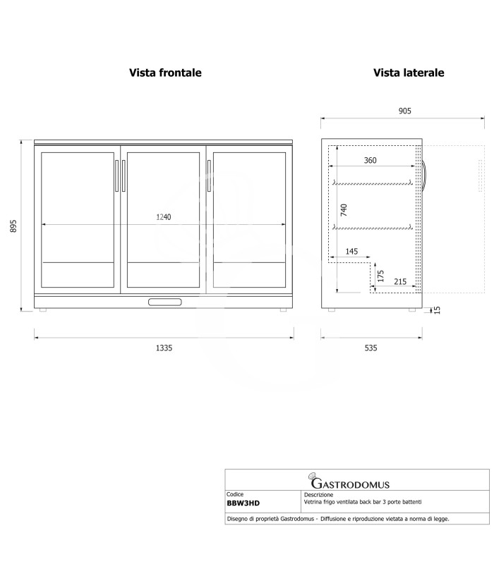 Vetrina frigo ventilata da banco o retrobanco orizzontale, 3 porte battenti 295 LT - temperatura 2°C/+10°C
