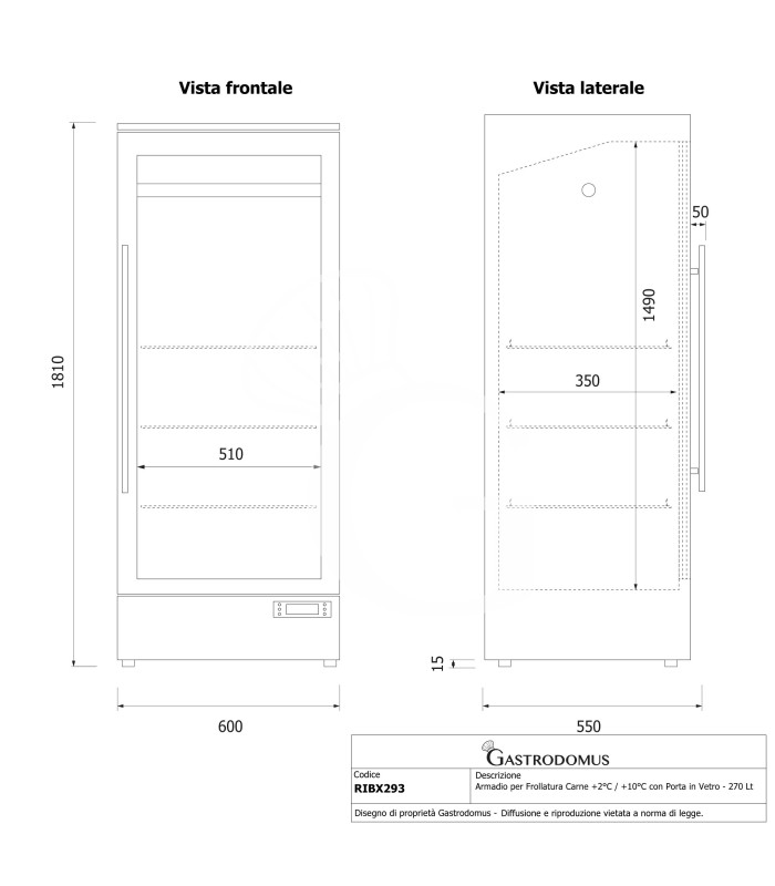 Armadio Refrigerato Professionale per Frollatura Carne +2°C / +10°C con Porta in Vetro - 270 Lt, Lampada UV e Controllo Umidità