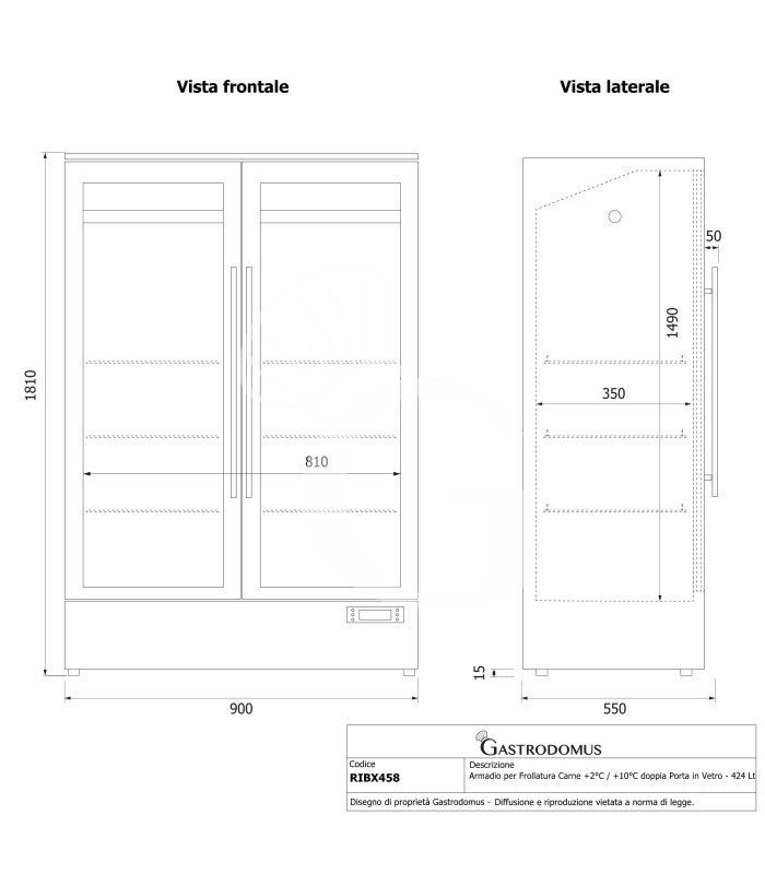 Armadio Refrigerato Professionale per Frollatura Carne +2°C / +10°C doppia porta vetro - 424 Lt, Lampada UV e Controllo Umidità