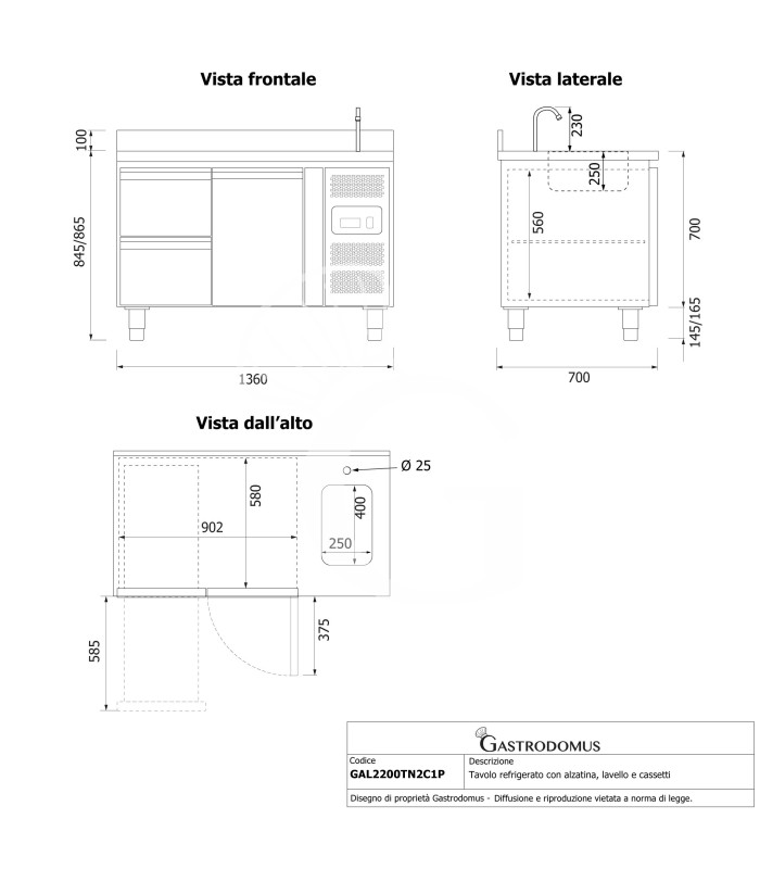 Tavolo refrigerato 2 cassetti 1 porta con lavello e alzatina, Prof. 700 mm, temp. +2°C/+8°C, completo di rubinetto