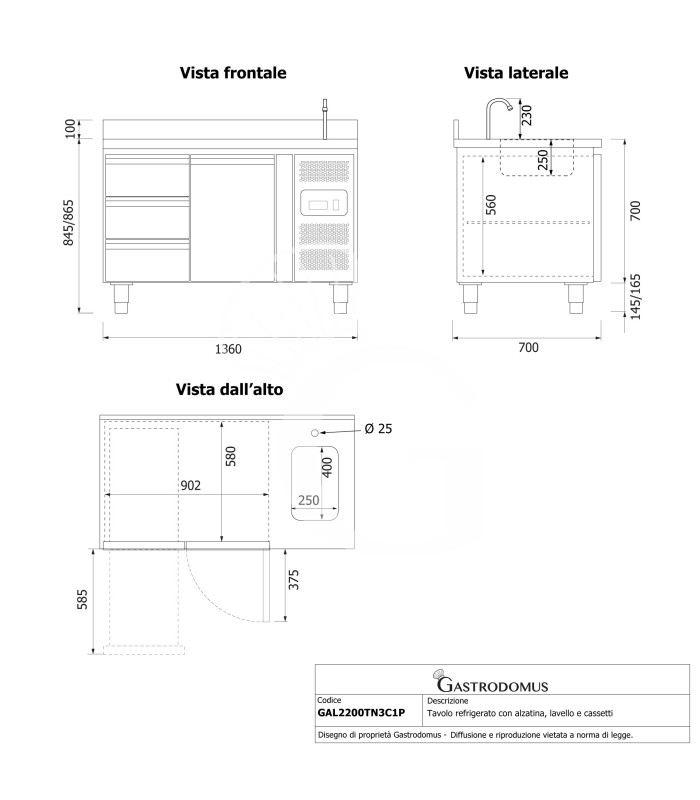Tavolo refrigerato 3 cassetti 1 porta con lavello e alzatina, Prof. 700 mm, temp. +2°C/+8°C, completo di rubinetto