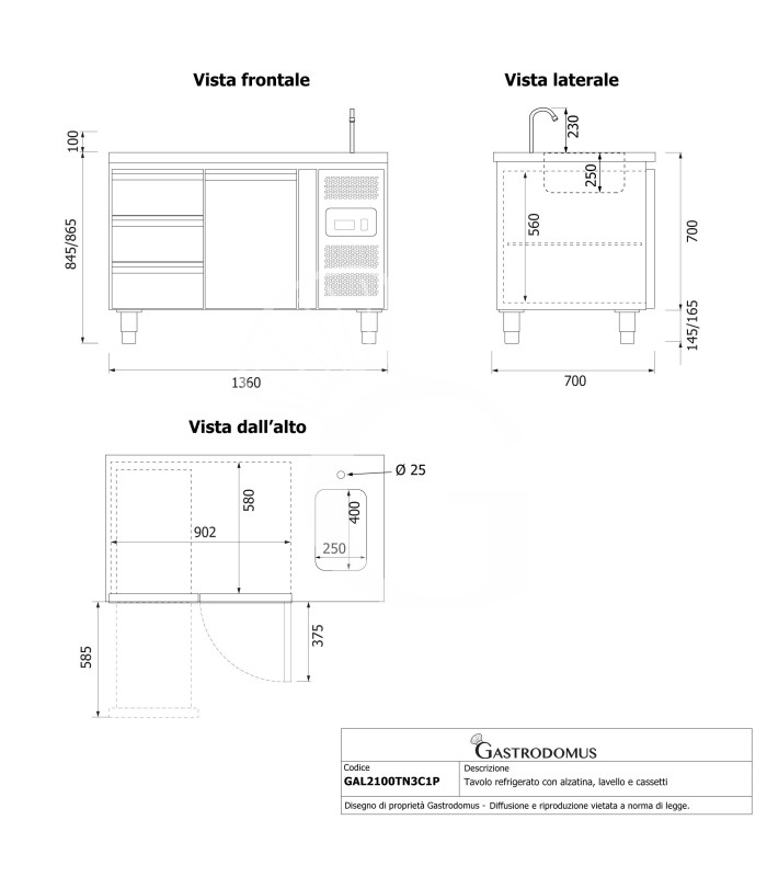 Tavolo refrigerato 3 cassetti 1 porta con lavello, Prof. 700 mm, temp. +2°C/+8°C, completo di rubinetto