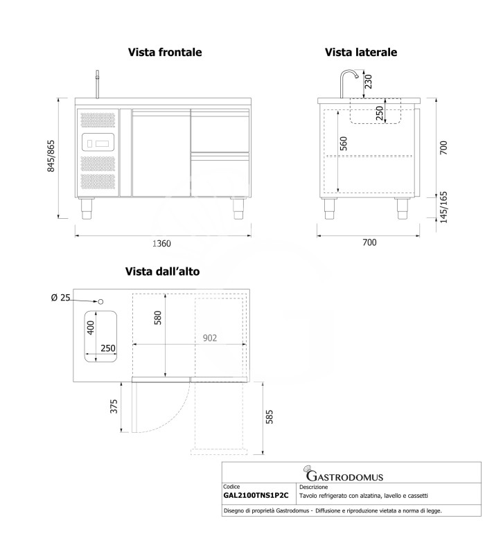 Tavolo refrigerato 2 cassetti 1 porta con lavello, motore a sinistra Prof. 700 mm, temp. +2°C/+8°C, completo di rubinetto