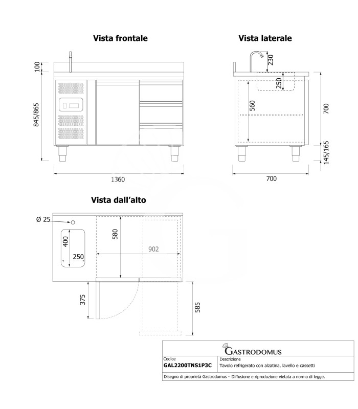 Tavolo refrigerato 3 cassetti 1 porta con lavello e alzatina,motore a sinistra Prof. 700 mm, temp. +2°C/+8°C, con rubinetto