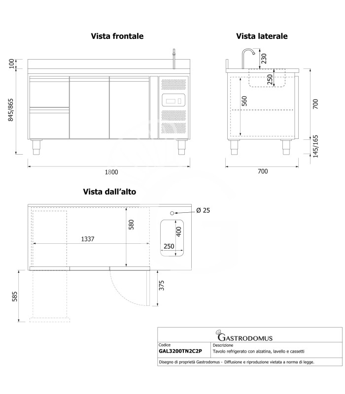 Tavolo refrigerato 2 cassetti a sinistra, 2 porte, lavello, rubinetto e alzatina, P 700 mm, +2°C/+8°C