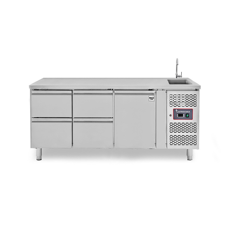 Tavolo refrigerato 4 cassetti 1 porta con lavello e alzatina, Prof. 700 mm, temp. +2°C/+8°C, completo di rubinetto