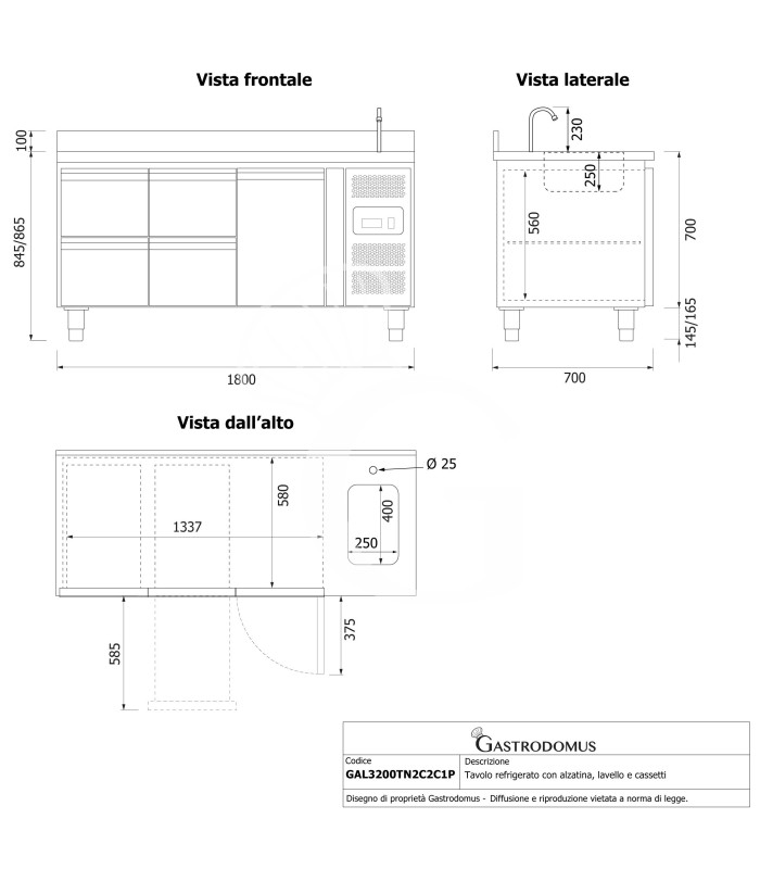 Tavolo refrigerato 4 cassetti 1 porta con lavello e alzatina, Prof. 700 mm, temp. +2°C/+8°C, completo di rubinetto