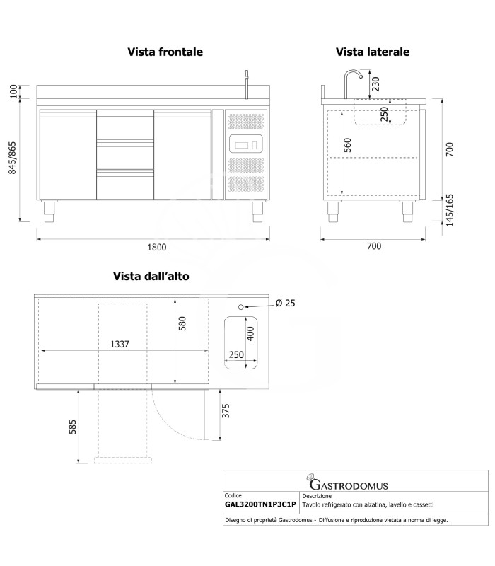 Tavolo refrigerato 3 cassetti centrali, 2 porte, lavello, rubinetto e alzatina, P 700 mm, +2°C/+8°C