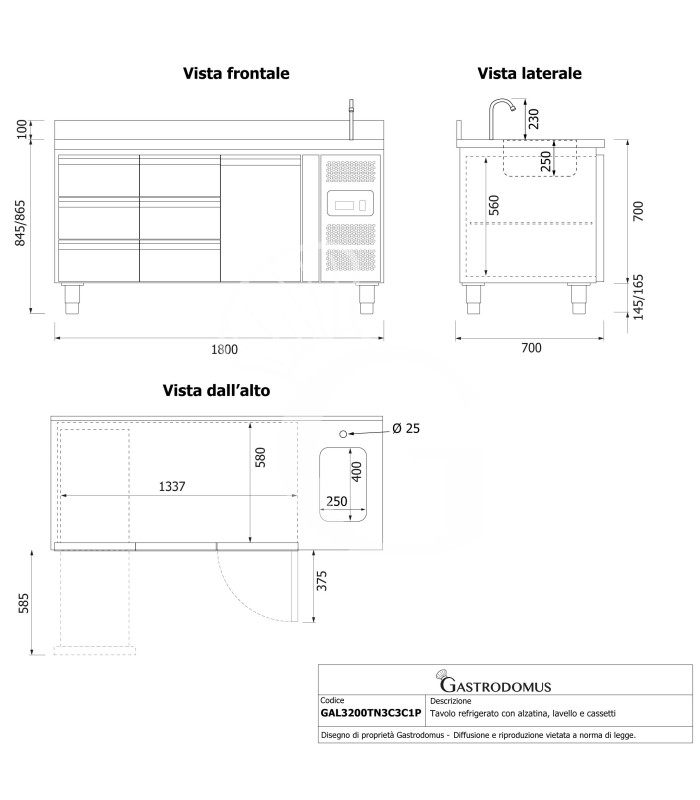 Tavolo refrigerato 6 cassetti da 1/3 a sinistra, 1 porta, lavello, rubinetto, alzatina, P 700 mm, +2°C/+8°C