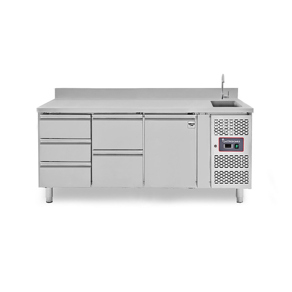 Tavolo refrigerato 5 cassetti 3+2 sinistra, 1 porta, lavello, rubinetto e alzatina, P 700 mm, +2°C/+8°C