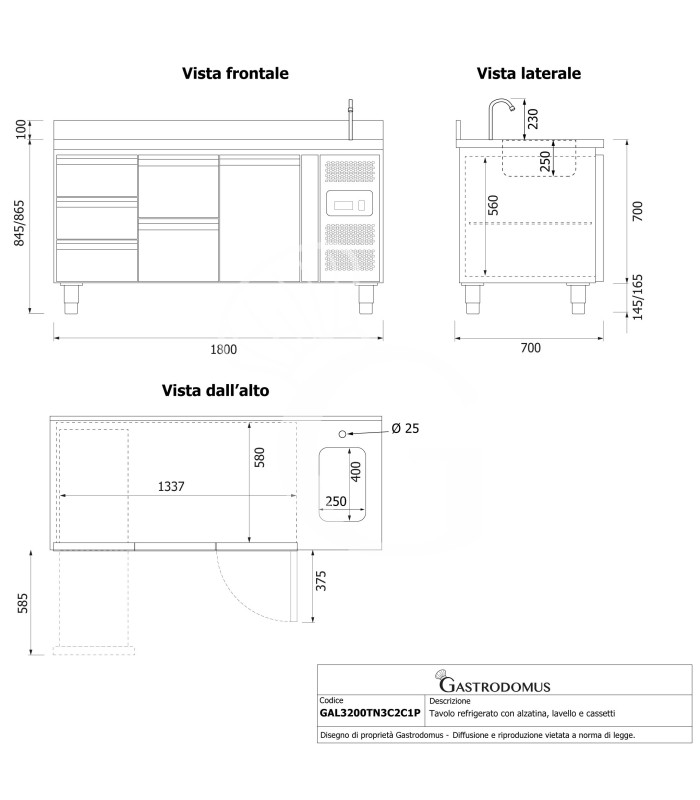 Tavolo refrigerato 5 cassetti 3+2 sinistra, 1 porta, lavello, rubinetto e alzatina, P 700 mm, +2°C/+8°C