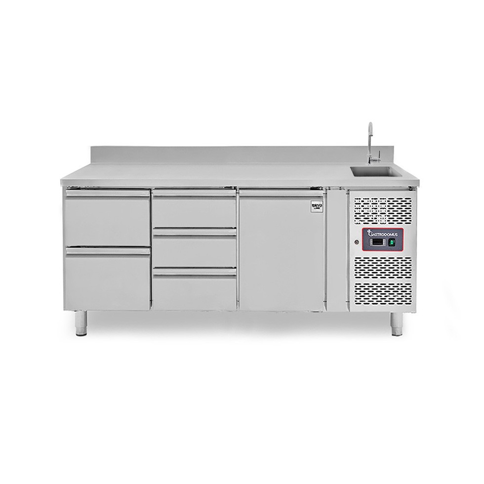 Tavolo refrigerato 5 cassetti 2+3 sinistra, 1 porta, lavello, rubinetto e alzatina, P 700 mm, +2°C/+8°C
