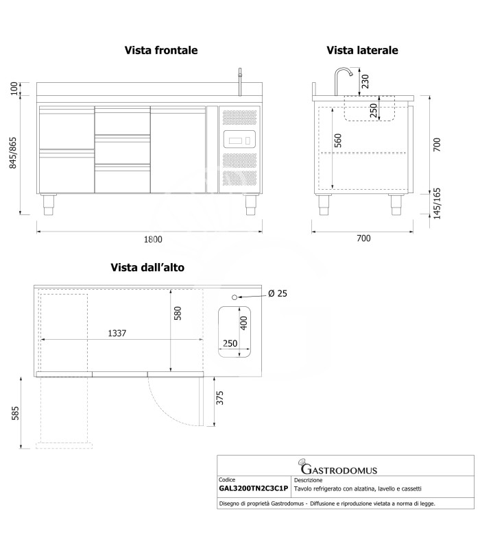 Tavolo refrigerato 5 cassetti 2+3 sinistra, 1 porta, lavello, rubinetto e alzatina, P 700 mm, +2°C/+8°C