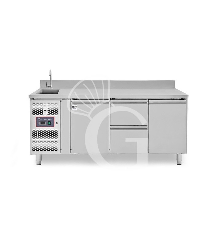 Tavolo refrigerato 2 cassetti 2 porte con lavello e alzatina,motore a sinistra Prof. 700 mm, temp. +2°C/+8°C, con rubinetto