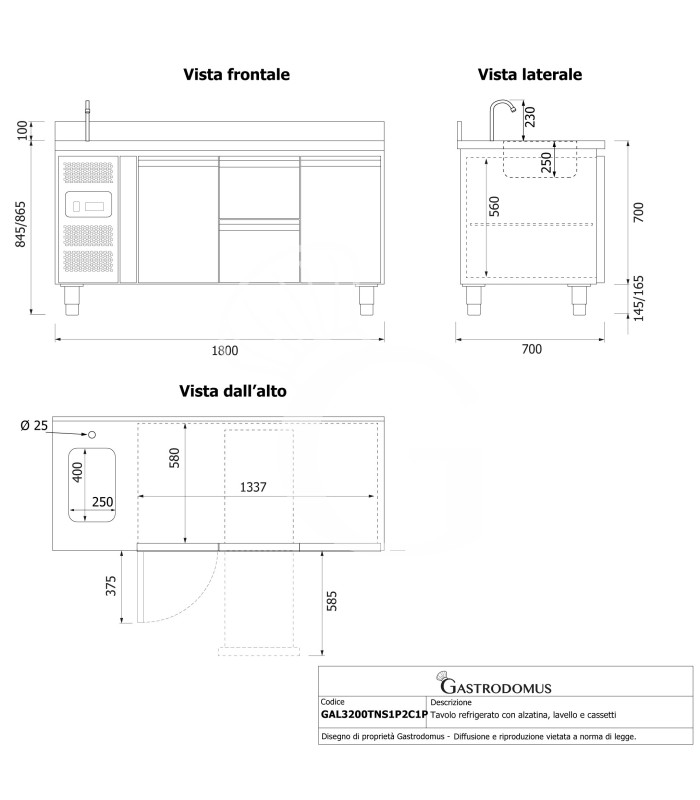 Tavolo refrigerato 2 cassetti 2 porte con lavello e alzatina,motore a sinistra Prof. 700 mm, temp. +2°C/+8°C, con rubinetto