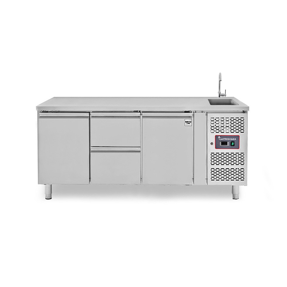 Tavolo refrigerato 2 cassetti centrali, 2 porte, lavello e rubinetto, P 700 mm, +2°C/+8°C