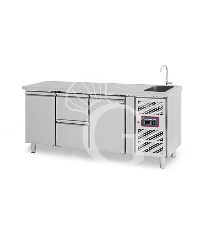 Tavolo refrigerato 2 cassetti centrali, 2 porte, lavello e rubinetto, P 700 mm, +2°C/+8°C