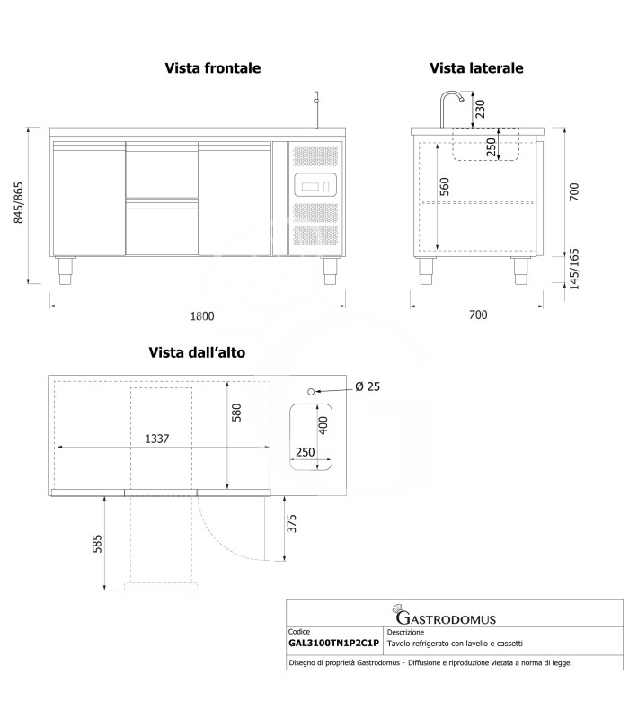 Tavolo refrigerato 2 cassetti centrali, 2 porte, lavello e rubinetto, P 700 mm, +2°C/+8°C
