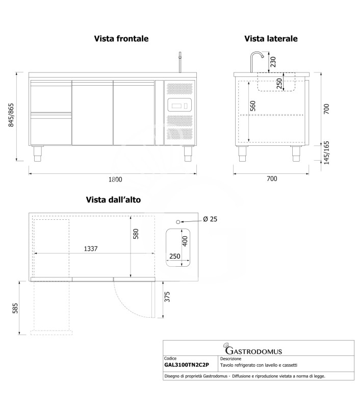 Tavolo refrigerato 2 cassetti a sinistra, 2 porte, lavello e rubinetto, P 700 mm, +2°C/+8°C